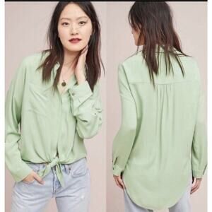 Anthropologie Maeve Green Sandbridge Shirt •L•Tie Front Button Down Top High Low